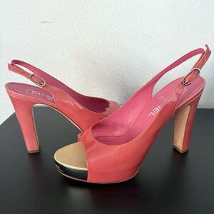 Chanel Patent Leather Platform Slingback Heels Open Toe Sandals